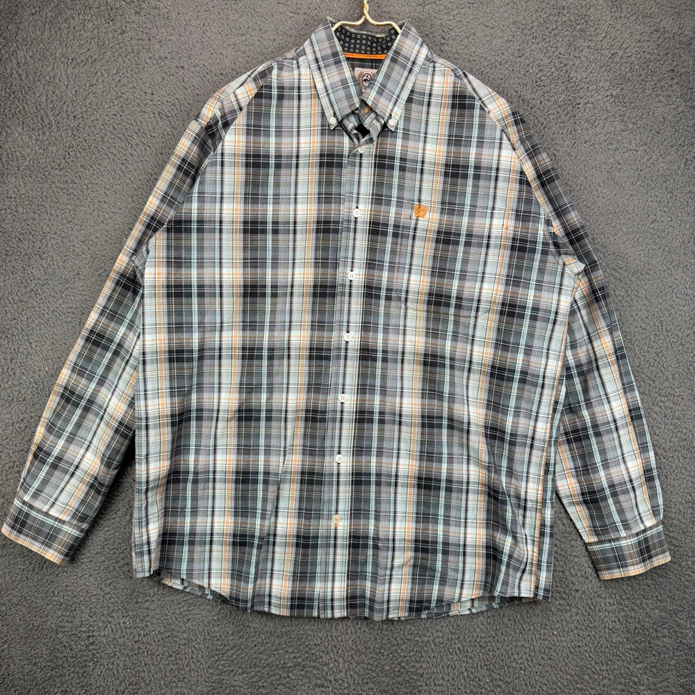Cinch Mens Medium Plaid Button‎ Down Shirt Long Sleeve Gray Teal Orange Cotton